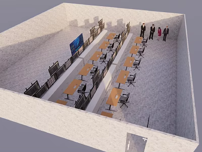 Dining Hall Interior With Rows Of Tables Chairs And People Standing 3d model
