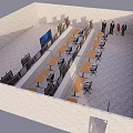 Dining Hall Interior With Rows Of Tables Chairs And People Standing