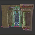 Detailed Ancient Brick Ruins Structure With Arched Doorway And Weathered Walls