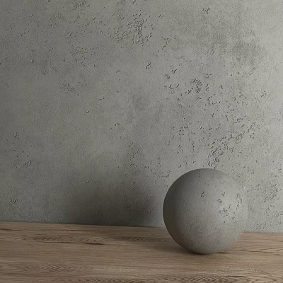 Concrete Sphere Decorative Component On Wooden Tabletop With Rough Textured Gray Wall 3d model