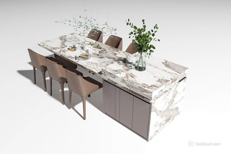 Modern Dining Table Set With Marble Countertop Chairs Green Plant And Tableware 3d model