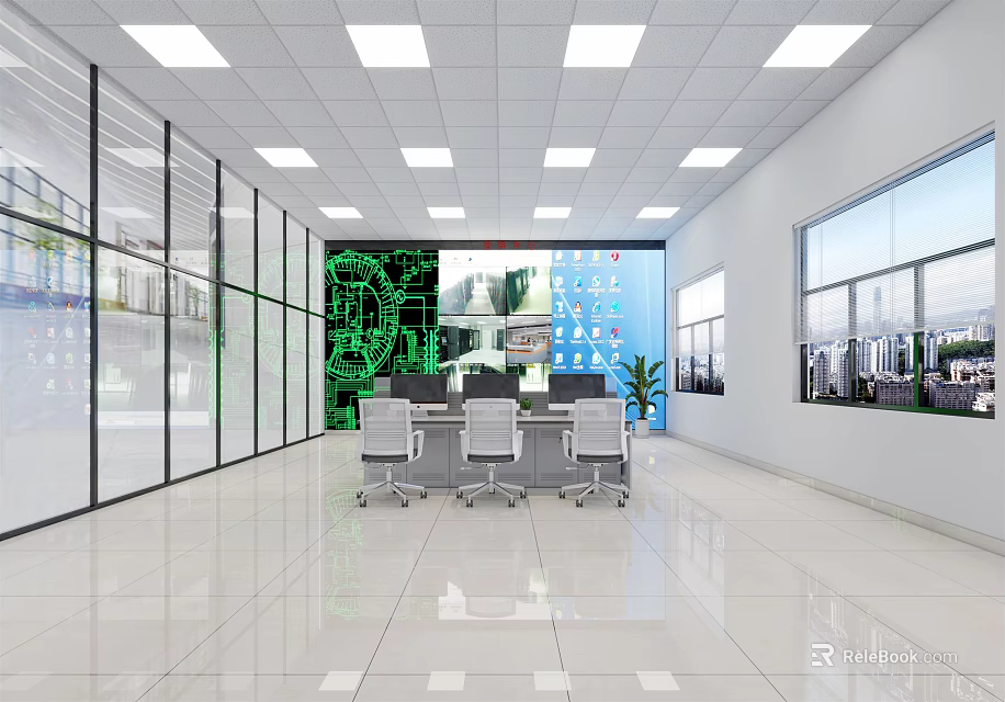 Modern Monitoring Room Interior With Large Display Green Data Conference Table And Glass Windows 3d model 