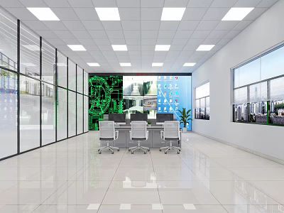 Modern Monitoring Room Interior With Large Display Green Data Conference Table And Glass Windows 3d model