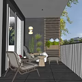 Modern Luxury Home Balcony With Wicker Chairs Green Plants Wooden Slats Gray Tiles White Curtains