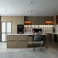 Modern Open Kitchen Interior Design With Beige Cabinets Island Counter And Tile Backsplash 3d model