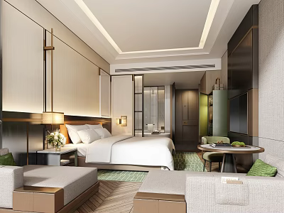 Modern Hotel Room Interior Design With Large Bed Bedside Tables Lamps Sofas And TV 3d model