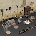 Rural Landscape Scene Featuring Traditional Farm Tools Woven Baskets Stone Stove And Thatch Fence