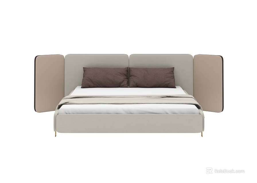 Modern Double Bed With Padded Wingback Headboard Brown Pillows And White Bedding 3d model