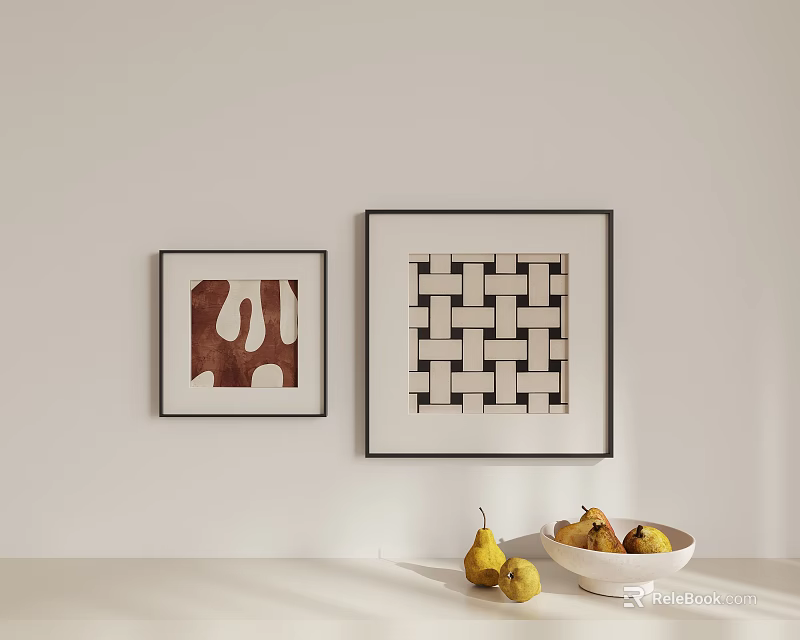 Two Abstract Paintings On Light Wall With Irregular Geometric Patterns And Pears In White Bowl 3d model