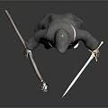 Hooded Wizard In Gray Robe With White Beard Holding Wooden Staff And Sword