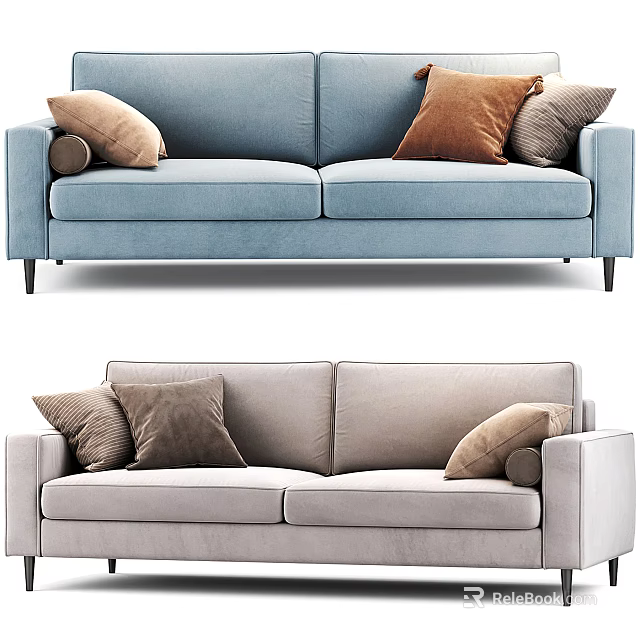 Modern Blue and Light Gray Two-Seater Sofa with Decorative Throw Pillows 3d model 