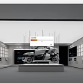 Modern Exhibition Hall Featuring White Car On Display Platform With Digital Screens And Windows