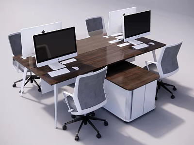 Modern Office Desk With Wooden Surface Multiple Computer Monitors And Office Chairs 3d model