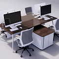 Modern Office Desk With Wooden Surface Multiple Computer Monitors And Office Chairs 3d model