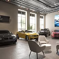 Car Dealership Showroom Displaying Various Colored Cars Comfortable Chairs Large Windows And Screen