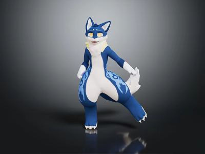 Blue And White Wolf Character With Blue Patterns Standing Pose Yellow Eyes White Tail 3d model