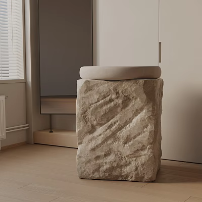Modern Minimalist Stone Side Table With Round Cushioned Top In Living Room 3d model