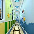 Colorful Elevator Corridor With Child Friendly Wall Decor Striped Baseboards And Circular Lights 3d model