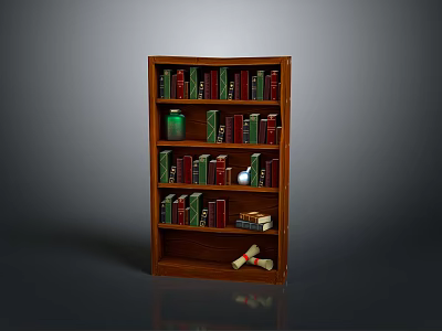 Wooden Bookshelf Filled With Books And Decorative Items On Dark Background 3d model
