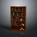 Wooden Bookshelf Filled With Books And Decorative Items On Dark Background