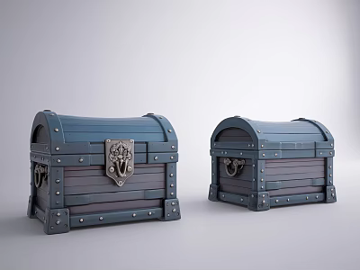 Two Blue Vintage Wooden Chests With Metal Lock And Decorative Rivets 3d model