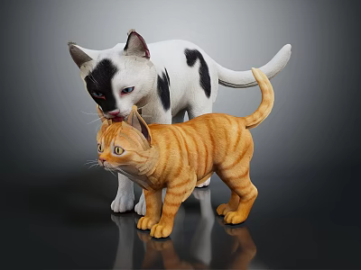 Two Adorable Black White and Orange Cats Standing on Shiny Black Surface Against Grey Background 3d model