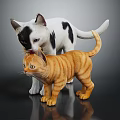 Two Adorable Black White and Orange Cats Standing on Shiny Black Surface Against Grey Background