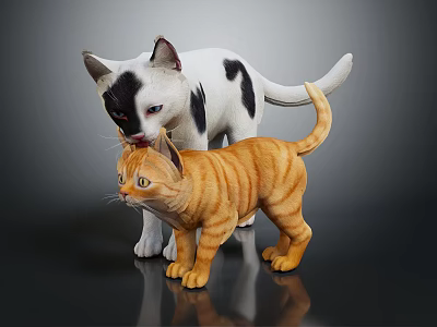 Two Adorable Black White and Orange Cats Standing on Shiny Black Surface Against Grey Background 3d model