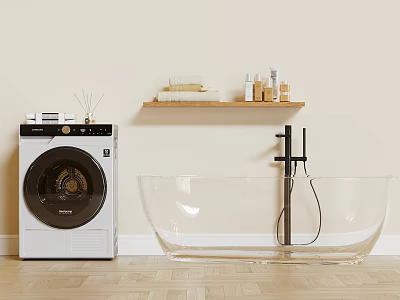 White Front Load Washing Machine in Bathroom with Clear Bathtub and Wooden Shelf 3d model