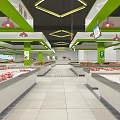 Spacious Supermarket Interior With Stocked Fruit Vegetable Shelves Hexagonal Pendant Lights And Green Pillars