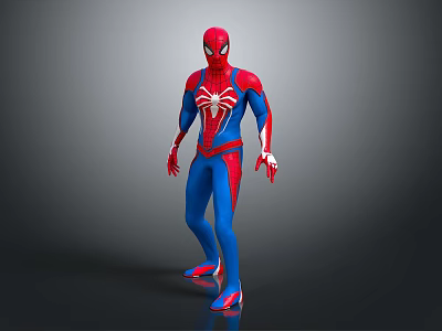 Spider Man 3D Model In Red Blue Suit With Spider Logo Standing Gray Background 3d model