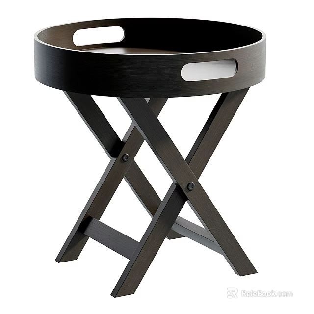 Modern Dark Wooden Bedside Table With Circular Tray Top And Cross Legs 3d model 