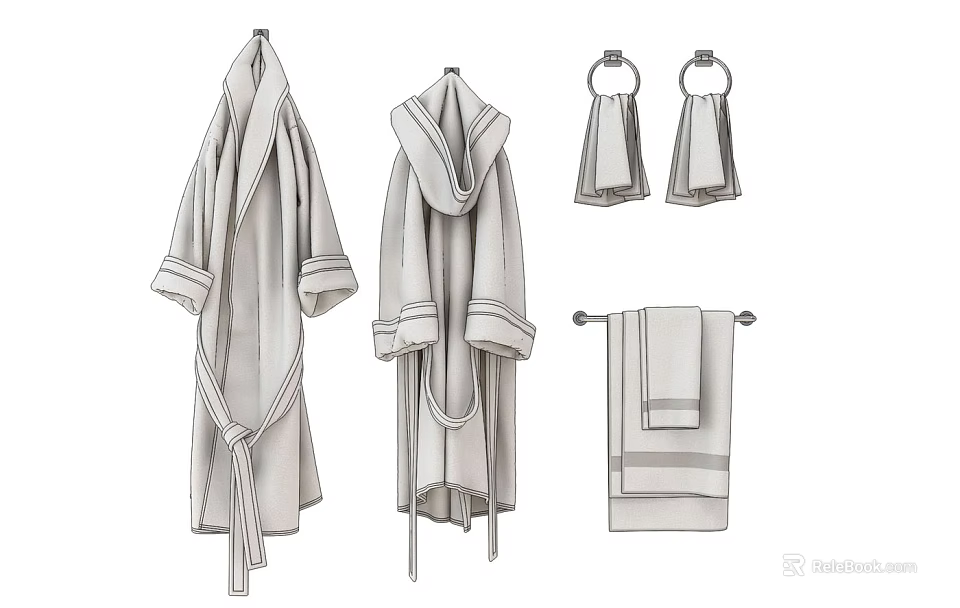 Cozy Light Gray Robe Set With Matching Towel Rings And Bath Towel 3d model 