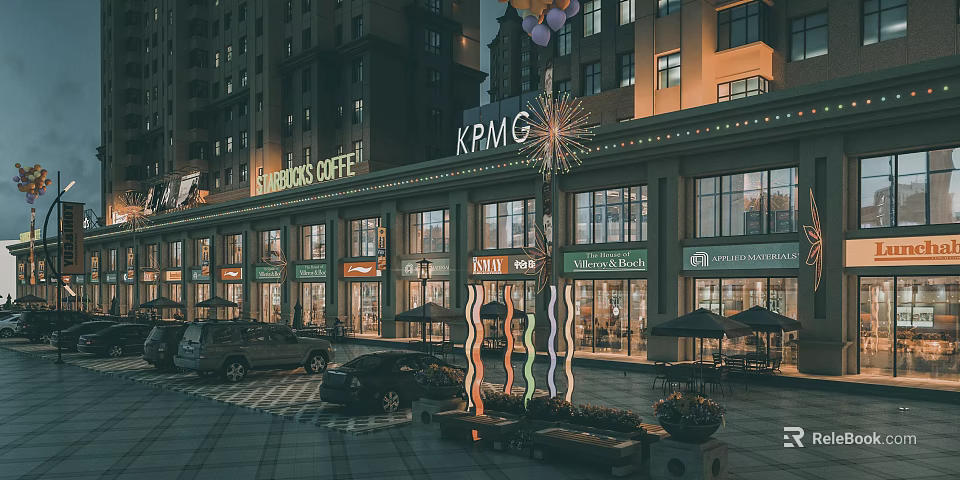 Vibrant Commercial Street Featuring Coffee Shop Bakery Clothing Store Outdoor Seating And Evening Decorative Lights 3d model 