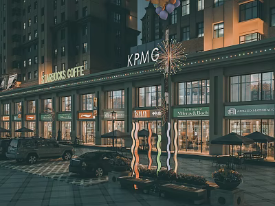 Vibrant Commercial Street Featuring Coffee Shop Bakery Clothing Store Outdoor Seating And Evening Decorative Lights 3d model