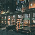 Vibrant Commercial Street Featuring Coffee Shop Bakery Clothing Store Outdoor Seating And Evening Decorative Lights