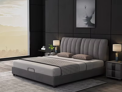Gray Tufted Double Bed With Pillows Plaid Blanket Nightstands Lamps And Large Window City View 3d model