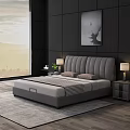 Gray Tufted Double Bed With Pillows Plaid Blanket Nightstands Lamps And Large Window City View