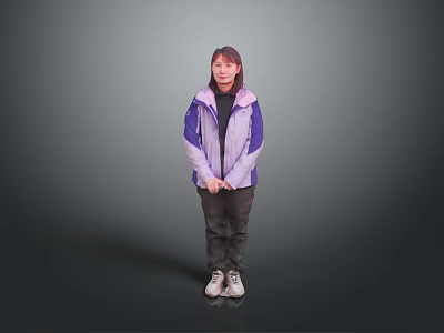 A Woman In Gray Background Wearing Purple White Jacket Black Top Dark Pants White Shoes 3d model