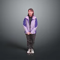 A Woman In Gray Background Wearing Purple White Jacket Black Top Dark Pants White Shoes