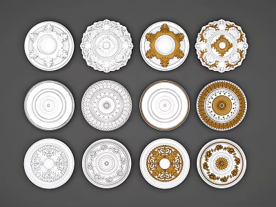 Decorative Ceiling Medallions in White and Gold with Intricate Floral Patterns 3d model