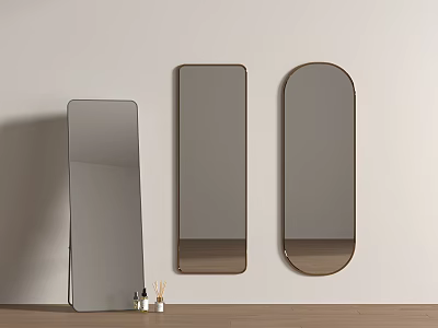 Three Stylish Rectangular and Oval Mirrors Mounted on Light Wall Wooden Floor 3d model