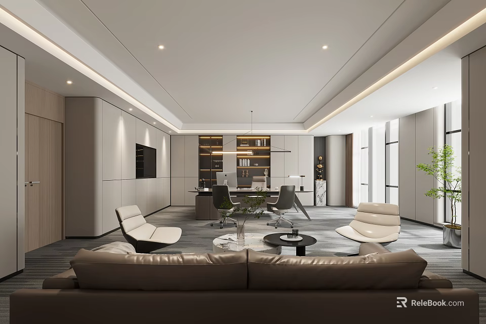 Modern Office Interior Design With Sofa Office Desk Bookshelf Large Windows And Green Plant 3d model 