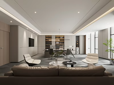 Modern Office Interior Design With Sofa Office Desk Bookshelf Large Windows And Green Plant 3d model