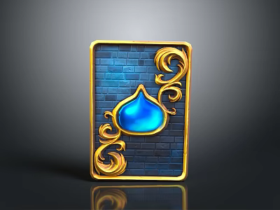 Ornate Casino Card with Golden Border Scrolls and Blue Teardrop Design on Blue Brick Wall 3d model