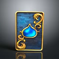 Ornate Casino Card with Golden Border Scrolls and Blue Teardrop Design on Blue Brick Wall