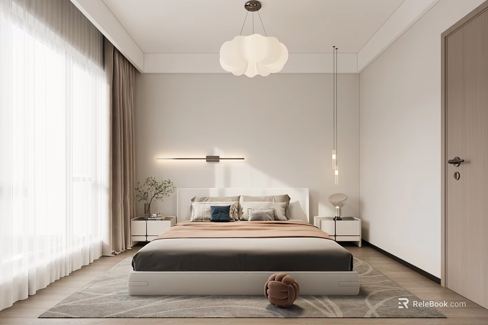 Minimalist Bedroom Interior With Light Walls Chandelier Bed Nightstands And Area Rug 3d model 