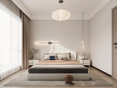 Minimalist Bedroom Interior With Light Walls Chandelier Bed Nightstands And Area Rug 3d model