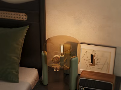 Modern Bedroom Bedside Table Lamp With Green Stand Transparent Shade And Wall Art Decor 3d model