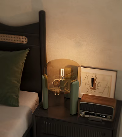 Modern Bedroom Bedside Table Lamp With Green Stand Transparent Shade And Wall Art Decor 3d model